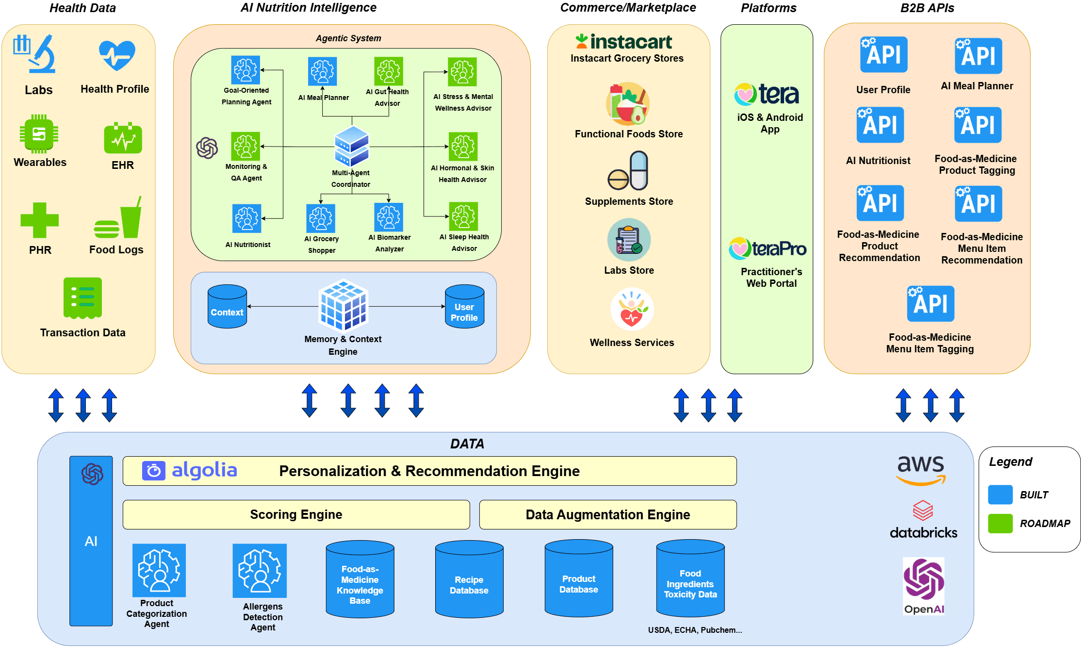 Tera Platform Technical Architecture Diagram showing Agentic System, Data Infrastructure, and API Ecosystem