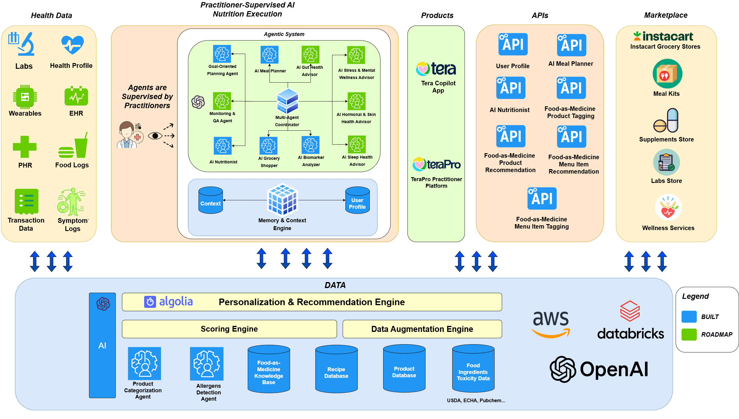 Tera Platform Technical Architecture Diagram showing Agentic System, Data Infrastructure, and API Ecosystem