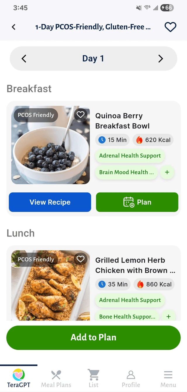 Meal Plans and Health Tracking App Screen