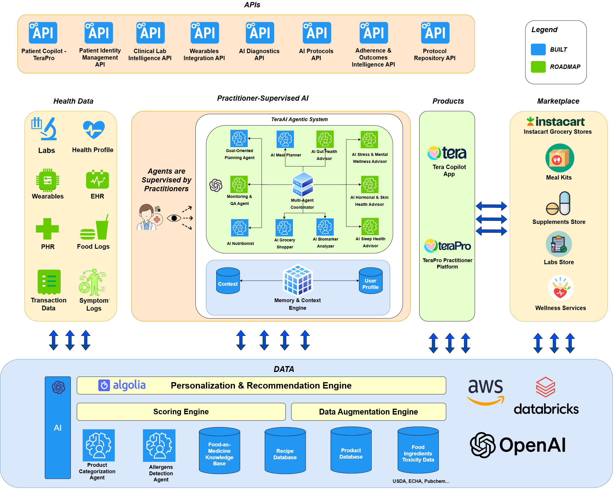 Tera Platform Technical Architecture Diagram showing Agentic System, Data Infrastructure, and API Ecosystem
