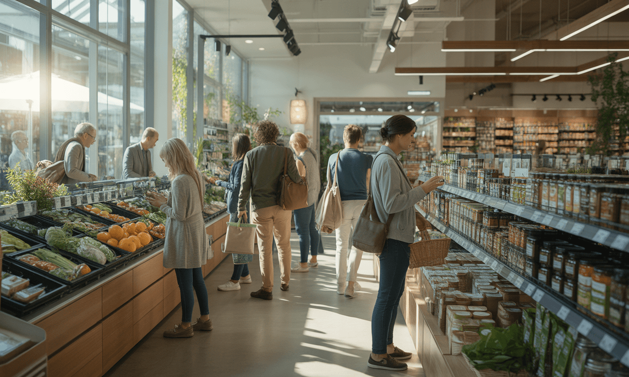 Modern wellness grocery store with fresh produce and supplements